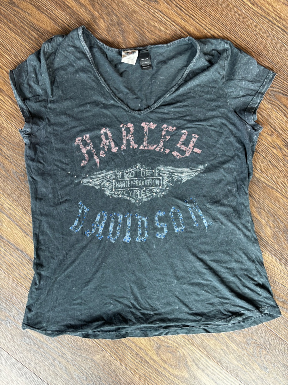 Harley-Davidson Black Short Sleeve Tee with Faded Red & Blue Logo